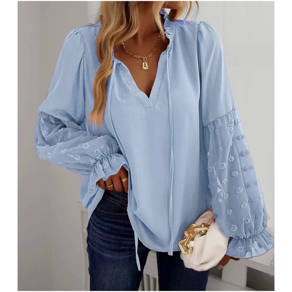 Boho Swiss Dot Sheer Sleeve Ruffle Blouse - Picture 2 of 14